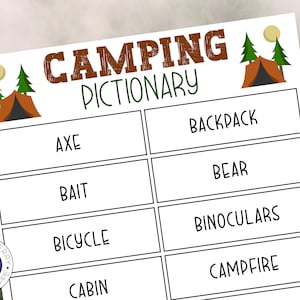 Camping Pictionary Spiel | 46 Camping-bezogene Wörter zum Zeichnen | Camping Spiel zum ausdrucken | Camping Geburtstagsparty Spiel | Pfadfinder