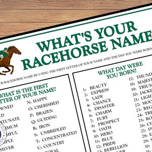 What&#39;s Your Racehorse Name Game WITH NAMETAGS & SIGN | Belmont Stakes Party Game | Icebreaker Game | Adults/Kids | Printable