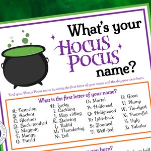 Hocus Pocus Game | What's Your Hocus Pocus Name Game With NAME TAGS & SIGN | Hocus Pocus Watch Party | Halloween Party Game |  Printable