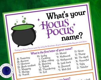 Hokus Pokus Spiel | Was ist dein Hokus Pokus Namensspiel mit NAMEN TAGS & SIGN | Hokus Pokus Uhr Party | Halloween Party Spiel | Druckbar