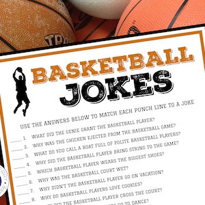 May include: A printable game with basketball jokes. The game includes eight questions and answers related to basketball. The questions are printed on a white background with a brown border. The background of the image is a close-up of basketballs.