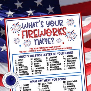 Puede incluir: Una hoja de juego rectangular blanca titulada What's Your Fireworks Name? con texto en rojo y azul e ilustraciones de fuegos artificiales. Incluye instrucciones para encontrar un nombre usando la primera letra y el día de nacimiento.