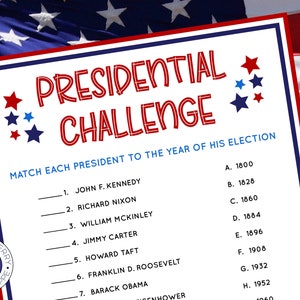 4th of July Game | Presidential Challenge | President Trivia | Independence Day | American History | Party Game | Classroom Game | Printable