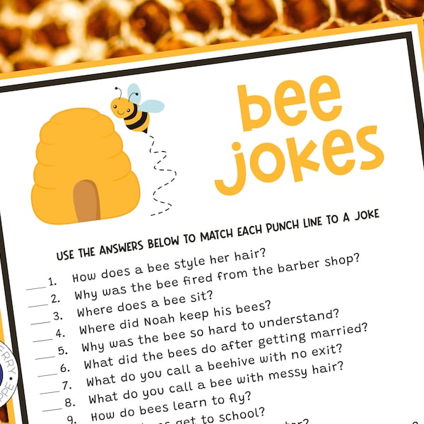 Bee Jokes | Bee Party Game | Bee Day Activity | Bee Theme Shower | Mommy to Bee | Queen Bee | Bee Birthday Game | Meant to Bee | Printable