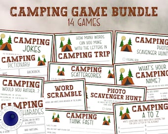 May include: A collection of 14 printable camping games, including Camping Jokes, Camping Pictionary, Camping Would You Rather, Camping Scattergories, Word Scramble, Camping Think Fast, Camping Photo Scavenger Hunt, What's Your Camping Name, and Camping A to Z. The games feature a green and brown color scheme with illustrations of a tent and trees.