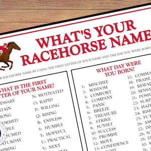 What&#39;s Your Racehorse Name Game With Nametags & Sign | VERSION 2 | Kentucky Derby Party Game | Derby Icebreaker Game | Adults/Kids