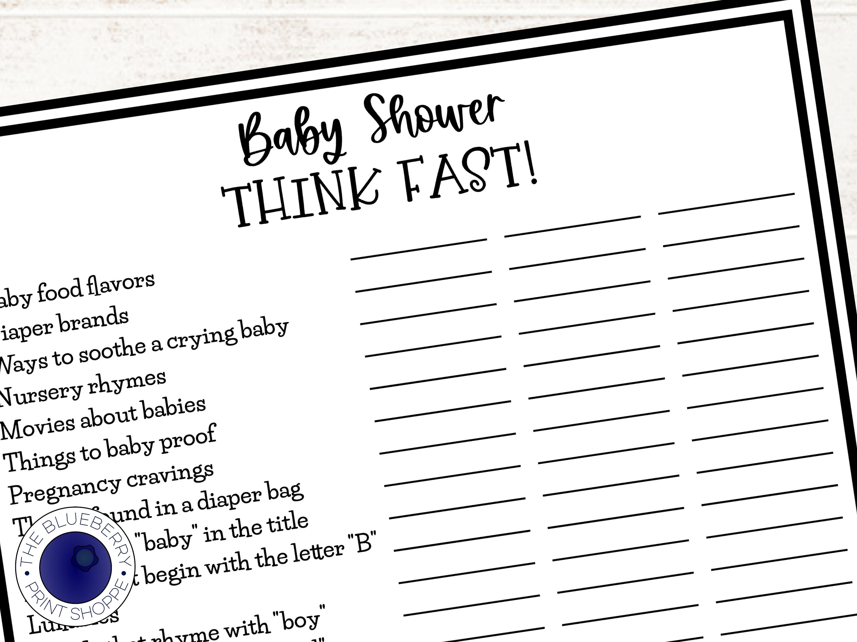 Think Fast Baby Shower Game / Think Fast / Baby Shower Trivia / Rustic Baby  Shower / Kraft Baby Shower Game / Baby Shower Games