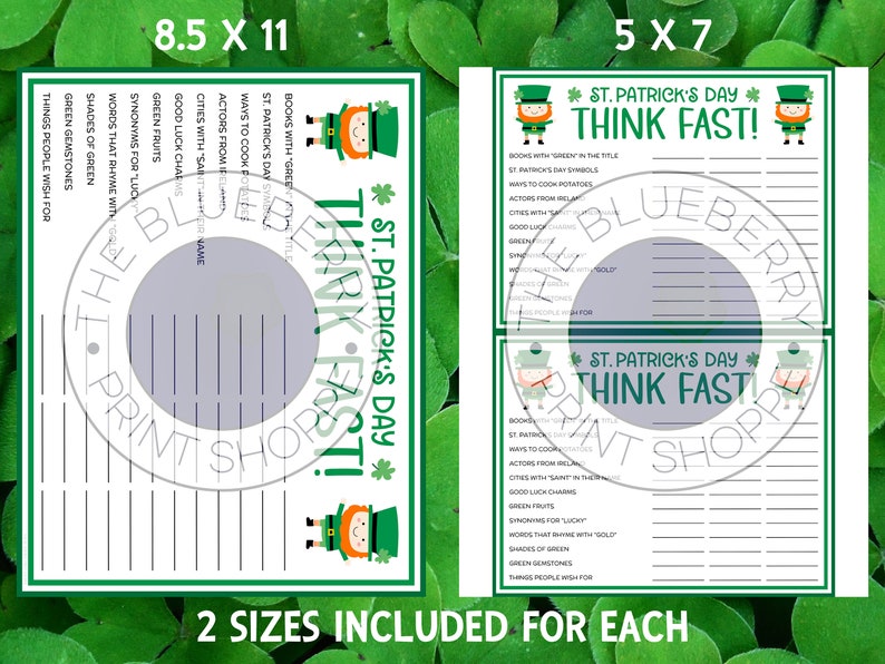 May include: Two printable St. Patrick's Day Think Fast game cards featuring a leprechaun illustration. The cards are in two sizes: 8.5 x 11 inches and 5 x 7 inches. The game lists various St. Patrick's Day themed questions.