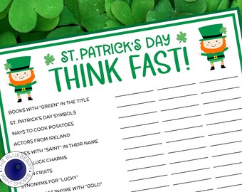 St. Patrick's Day Games | Think Fast! | TWO GAMES | St Patrick's Day Party Games for Kids & Adults | St. Paddy's Day | Name 3 Game Printable