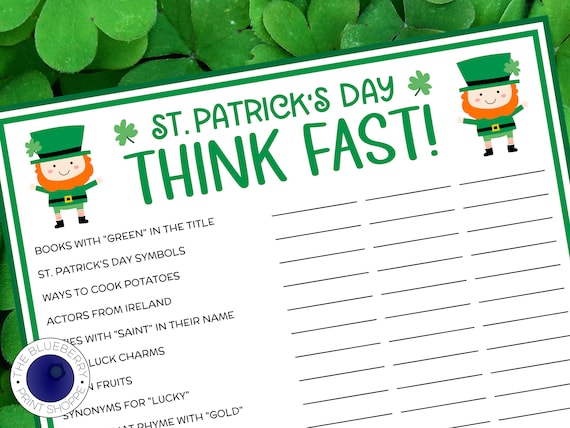 St. Patrick's Day Games | Think Fast! | TWO GAMES | St Patrick's Day Party Games for Kids & Adults | St. Paddy's Day | Name 3 Game Printable