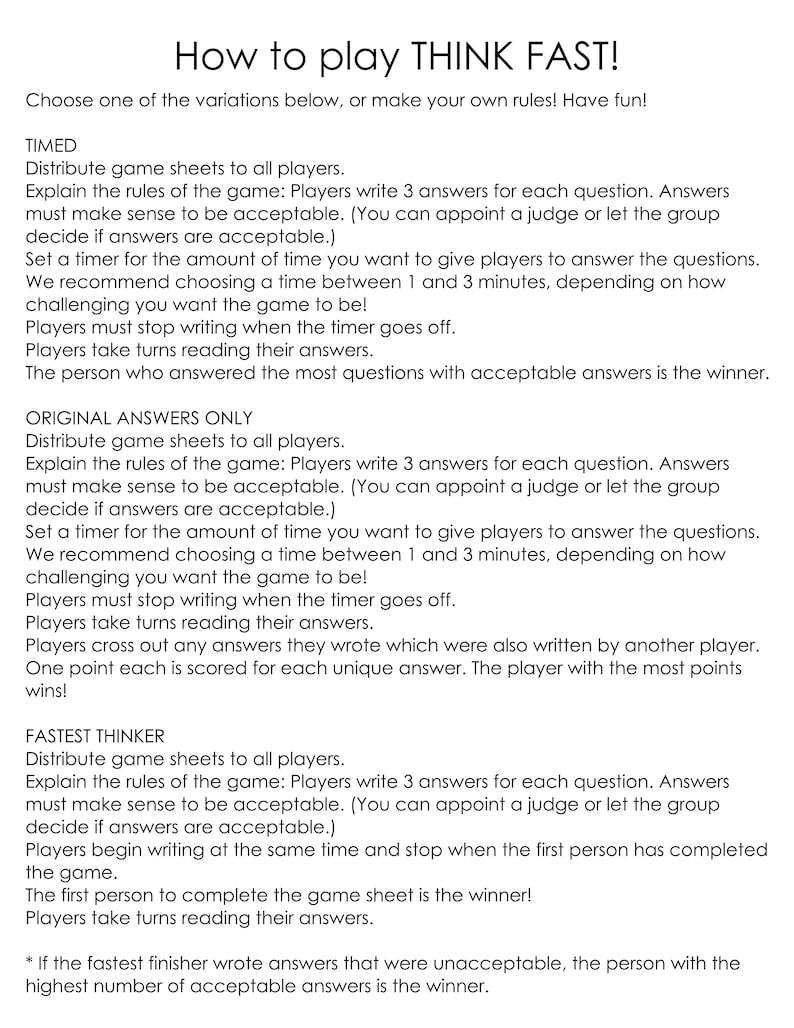 May include: Instructions for playing a game called "Think Fast!" with three different variations: "Timed", "Original Answers Only", and "Fastest Thinker". Each variation includes rules for writing answers, setting a timer, and determining the winner.