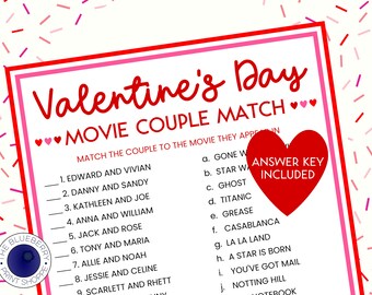 Valentine&#39;s Day Game | Movie Trivia | February 14th | Galentine&#39;s Game | Valentine&#39;s Quiz | Matching Game | Valentines Game | Printable