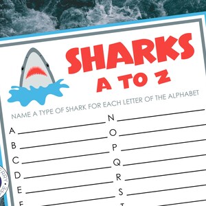 Sharks A to Z Game | Shark Week  Activity | Shark Theme Party | Printable