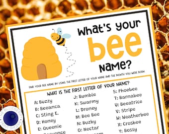 What's Your Bee Name Game with Name Tags & Sign | Bee Theme Game | Birthday | Gender Reveal | Shower Activity | Kid Friendly | Printable