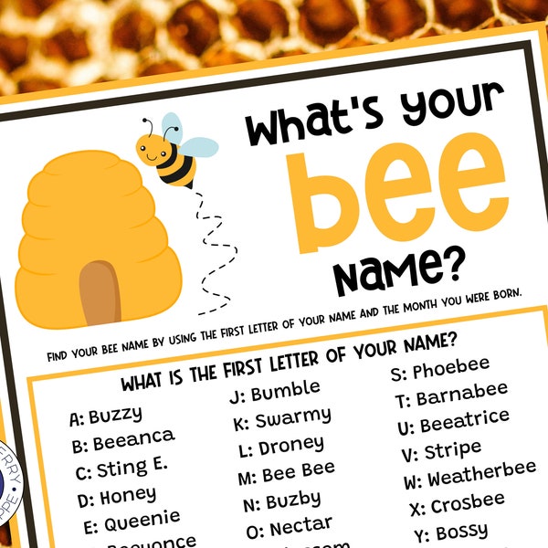 What's Your Bee Name Game with Name Tags & Sign | Bee Theme Game | Birthday | Gender Reveal | Shower Activity | Kid Friendly | Printable