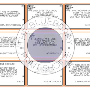 Peut inclure: Un jeu de dix cartes de trivia d'Halloween avec des bordures orange et noires. Chaque carte pr&eacute;sente une question sur un film, un livre ou une tradition d'Halloween populaire. Les questions sont imprim&eacute;es en texte blanc sur fond noir.