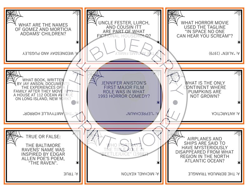 Peut inclure: Un jeu de dix cartes de trivia d'Halloween avec des bordures orange et noires. Chaque carte pr&eacute;sente une question sur un film, un livre ou une tradition d'Halloween populaire. Les questions sont imprim&eacute;es en texte blanc sur fond noir.