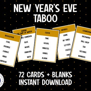 Tabu de Réveillon | 72 cartas |Jogo de Réveillon | Jogo de festa de ano novo | Curiosidades de 2022 | Revisão do ano | Diversão em família | Imprimível