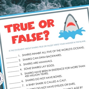 Shark Trivia Game | 15 True or False Questions about Sharks | Shark Week | Shark Theme Party | Fun for Kids and Adults | Printable