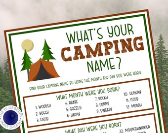 What's Your Camping Name Game WITH NAMETAGS & SIGN | Camping Birthday Activity | Campground Fun | Icebreaker Game | Fun for Adults and Kids