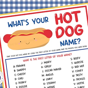 Was ist dein Hot Dog Namensspiel mit Namensschildern und Schild | Hot Dog Mottoparty | Grill | Sommerfest | Hot Diggity Hund | Grill | Druckbar