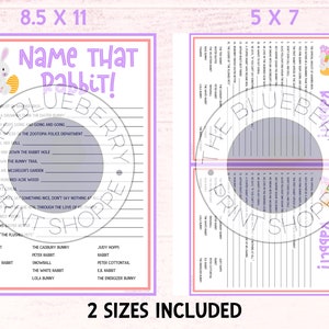 May include: Two printable Easter game sheets, "Name That Rabbit!" in A4 and 5 x 7 inch sizes. The game features clues and a matching section with rabbit names. Includes a cute bunny graphic. Ideal for Easter.