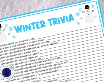 May include: A printable winter trivia game with a blue and white background. The game features questions about winter holidays, sports, and animals. The questions are written in black text on a white background. The game is decorated with cartoon snowmen.