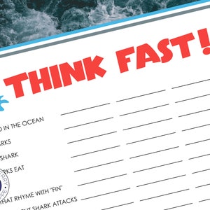 Shark Party Game | THINK FAST! | Shark Week Game | Name 3 | Categories Game | Fun for Kids and Adults | Printable