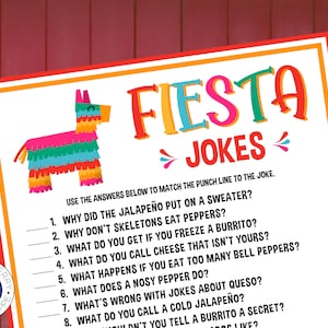 Puede incluir: Un juego imprimible de temática de fiesta con una ilustración colorida de piñata. El juego presenta ocho chistes con frases ingeniosas que deben coincidir con las respuestas correctas. El texto incluye "Fiesta Jokes" y "Use the answers below to match the punch line to the joke."