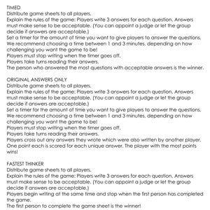 May include: Instructions for playing a game called "Think Fast!" with three different variations: "Timed", "Original Answers Only", and "Fastest Thinker". Each variation includes rules for writing answers, setting a timer, and determining the winner.
