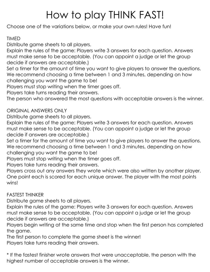 May include: Instructions for playing a game called "Think Fast!" with three different variations: "Timed", "Original Answers Only", and "Fastest Thinker". Each variation includes rules for writing answers, setting a timer, and determining the winner.