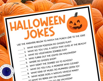 May include: A printable Halloween-themed game with a pumpkin illustration and the text "Halloween Jokes". The game asks players to match the punchline to the joke. The game includes 10 jokes with blank lines for players to write in the answers.