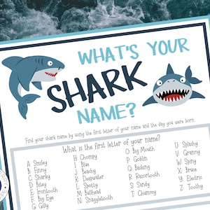 What's Your Shark Name Game WITH NAMETAGS & SIGN | Shark Week | Shark Theme Party  | Icebreaker Game | Fun Activity for Kids | Printable