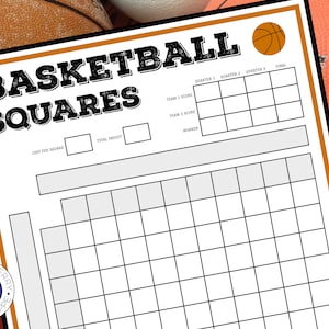 Könnte beinhalten: Eine druckbare Basketball-Quadrat-Spielvorlage mit einem schwarz-weißen Raster, Überschriften für Mannschaftsergebnisse, Viertel und Gewinner sowie Platz für den Preis pro Quadrat und den Gesamtgewinn.