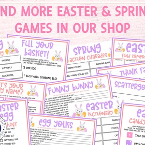 May include: A selection of Easter and Spring games, including Pictionary and charades, with a variety of activities. The text "Find More Easter & Spring Games in Our Shop" is at the top. Each game card features colourful graphics and playful fonts.