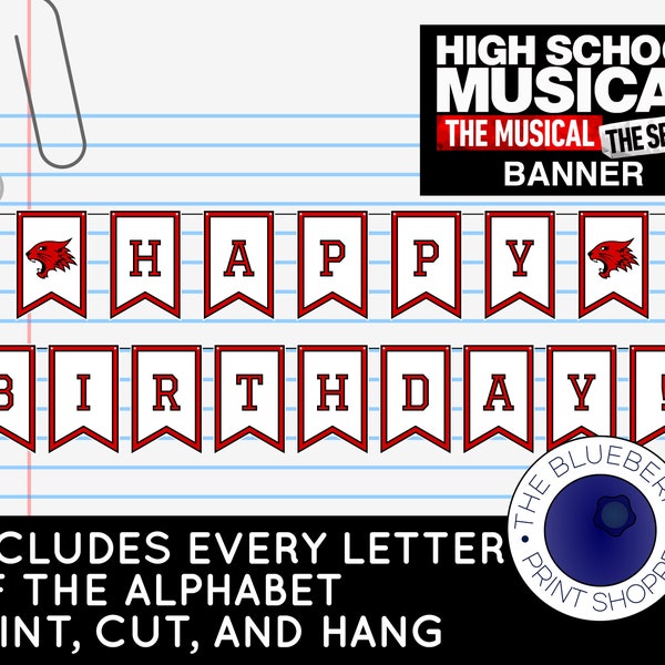 Bannière musicale du lycée | HSMTMTS | Bannière alphabétique | Chats sauvages d'East High | Décor de fête musicale de lycée | Anniversaire | Bannière imprimable