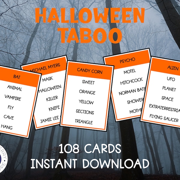 Halloween Taboo | 108 Cards | Halloween Forbidden Words Game | Halloween Party Activity | Halloween Party Game | Printable