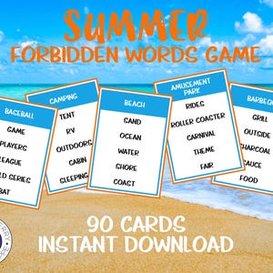 Puede incluir: Un juego de palabras prohibidas de verano con 90 tarjetas que tienen encabezados naranjas y bordes azules. Cada tarjeta muestra una categoría como Béisbol, Camping, Playa, Parque de atracciones o Barbacoa, con una lista de palabras a evitar.
