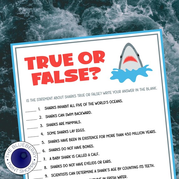 Shark Trivia Game | 15 True or False Questions about Sharks | Shark Week | Shark Theme Party | Fun for Kids and Adults | Printable