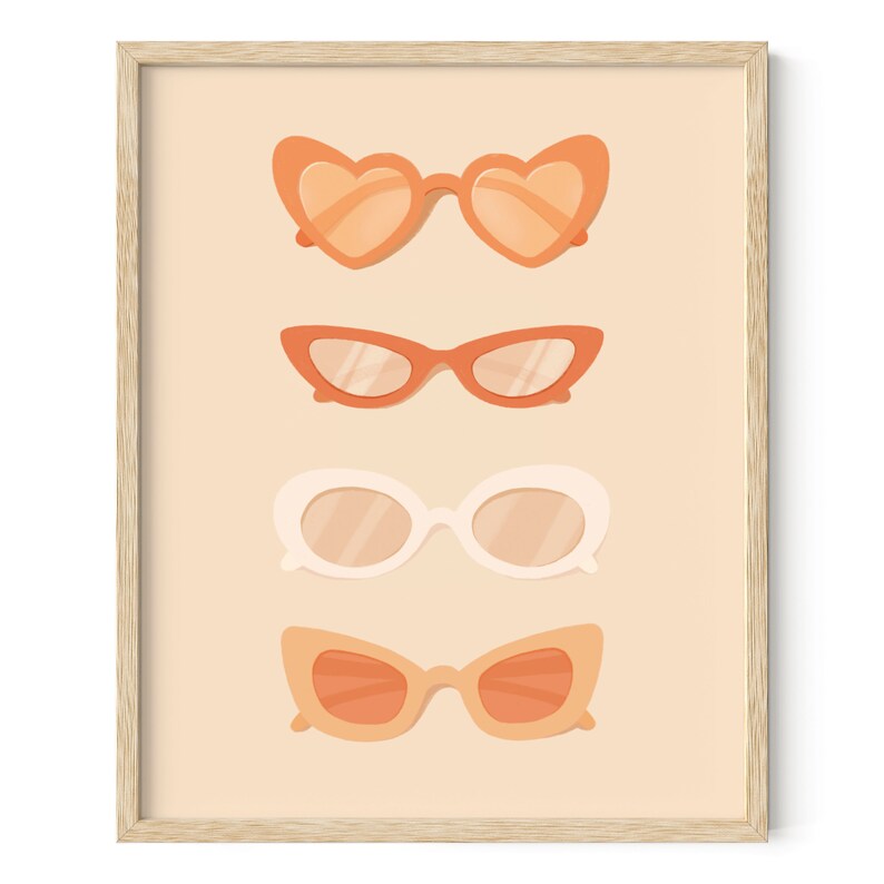 May include: Four pairs of sunglasses in different styles and colours. The sunglasses are arranged vertically, with the top pair being heart-shaped, the second pair being cat-eye, the third pair being round, and the fourth pair being a more classic style. The background is a light peach colour.