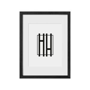 May include: A black framed picture with a white mat and a black and white graphic of the letters "HH" inside a square.