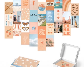 Può includere: Un set di 24 fogli di collage digitale stampabili che presentano una varietà di immagini in tonalità pesca, arancio e blu. Le immagini includono farfalle, palme, occhiali da sole e testi come "Make Today Count", "Take it Easy" e "Exhale".
