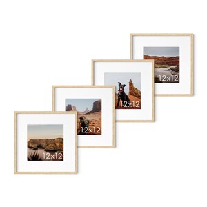 May include: Four square wooden picture frames with white matting, each displaying a different landscape photograph. The frames are arranged diagonally, showcasing images of canyons and a dog. Each frame is labeled "12x12".