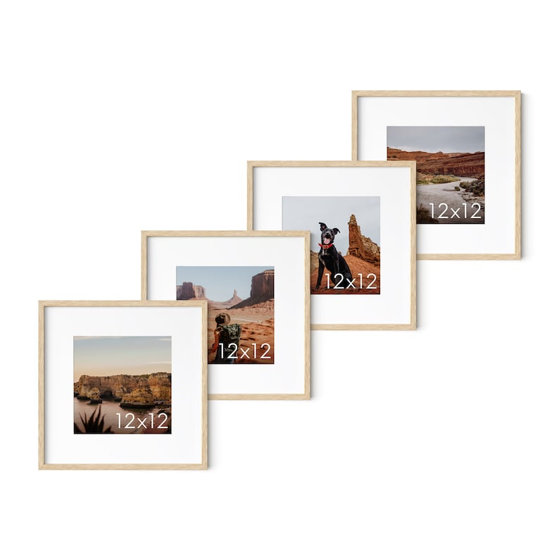 May include: Four square wooden picture frames with white matting, each displaying a different landscape photograph. The frames are arranged diagonally, showcasing images of canyons and a dog. Each frame is labeled "12x12".