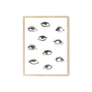 Op de afbeelding: Een ingelijst print met een witte achtergrond en een patroon van groene ogen met zwarte wimpers. De ogen zijn op een eenvoudige, gestileerde manier getekend.