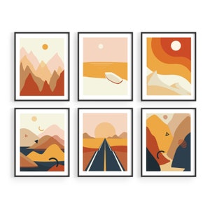 May include: Set of six minimalist abstract landscape prints in black frames. Each print features a different scene with mountains, a road, a lake, and a boat. The prints are in warm colors, including orange, yellow, and brown.