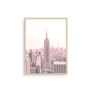 May include: A framed photograph of a cityscape with a tall skyscraper in the center. The city is bathed in a soft, pink light, creating a dreamy and romantic atmosphere.