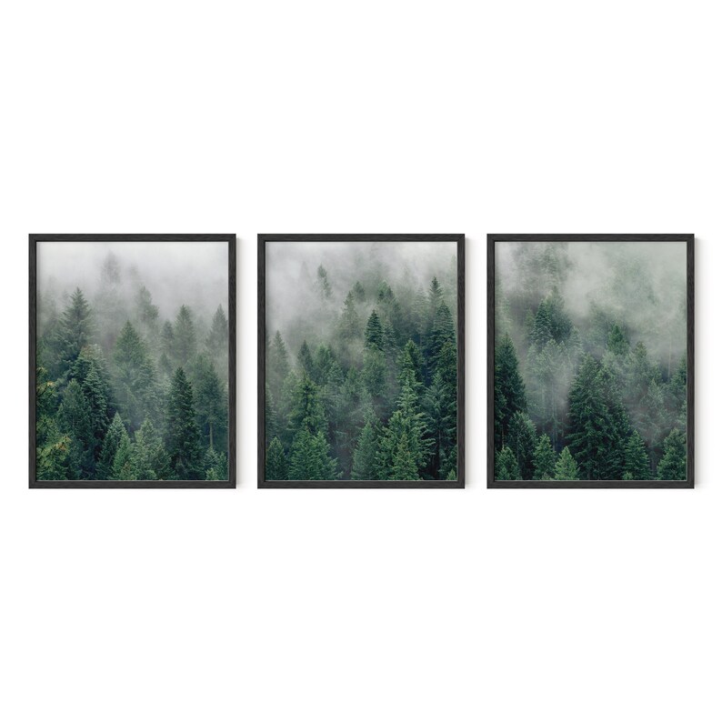 May include: A set of three framed prints featuring a misty forest scene. The prints are in black frames and show a dense forest with tall trees and fog.