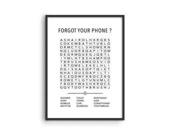 May include: A black and white printable word search puzzle with the title "Forgot Your Phone?" The puzzle includes words related to bathroom items such as shower, soap, shampoo, and toothbrush.