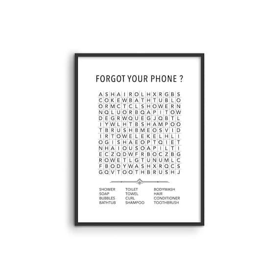 Funny Bathroom Word Search Print: Forgot Your Phone Decor